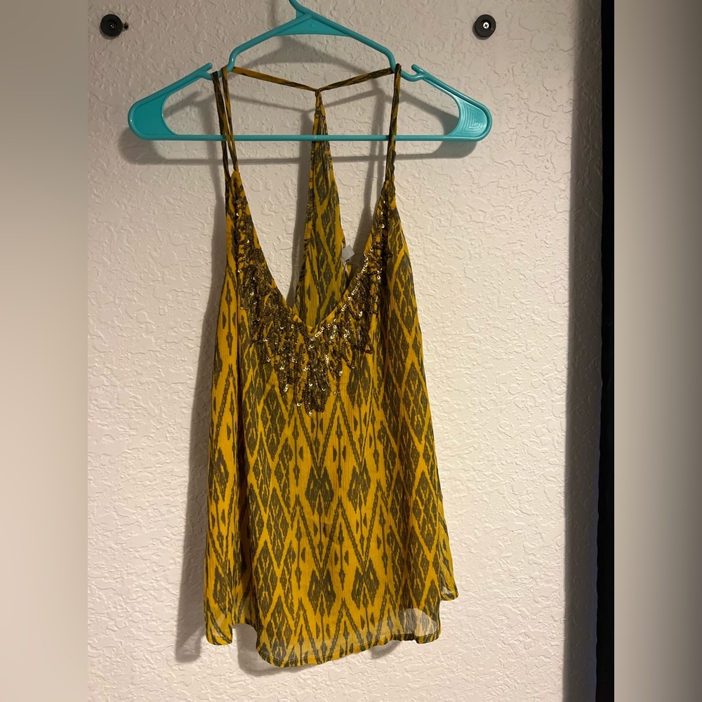 Yellow sequined tribal print tank top